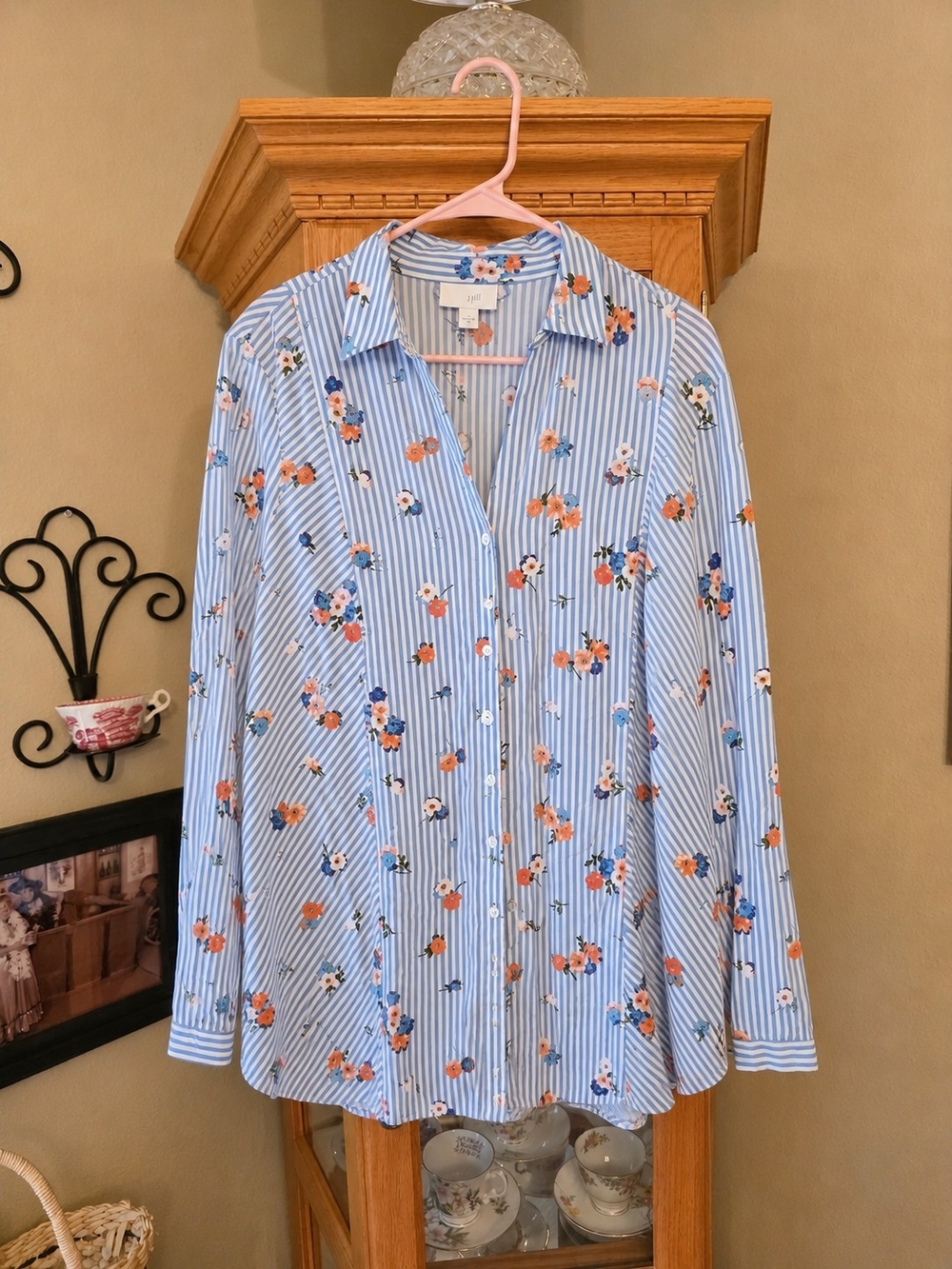 J. Jill Blue and White Striped Floral Button-Down Shirt